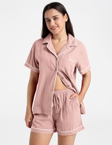 Image of Womens Muslin Pajama Set 100% Cotton Double Gauze Linen Like | Breathable Soft Comfort Button Up Loungewear Sleepwear PJ Set