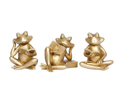 Image of Gold Frog Figurines Set of 3 Funny Frog Gifts for Women Cute Reading Sculptures Stuff Golden Animal Statue for Book Lovers Home Decor Office Shelves Desk Living Room Table Bookshelf Literary Ornaments