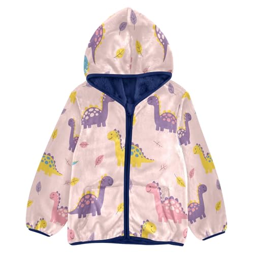 Colorful Dinosaurs on Pink Toddler Fleece Jacket Girl Boys Hooded Fleece Jacket Coat Warm Outwear Zip-up 3-10T