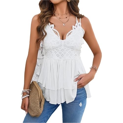 Women's Floral Lace Tank Top Flowy V Neck Spaghetti Strap Peplum Summer Cami Sleeveless Camisole Tank Blouse