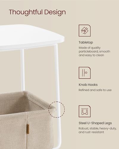Image of VASAGLE LILEA Collection - Side End Table with Fabric Basket, Modern Nightstand, Square Bedside Table, for Living Room, Bedroom, Matte White and Camel Brown ULET229W10
