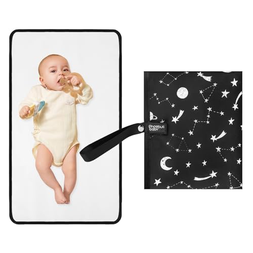 Image of Portable Diaper Changing Pad for Baby - Waterproof Compact Changing Mat with Wrist Strap - Wipeable Travel Changing Pad for Diaper Bag - Gifts for Baby Shower by PHOEBUS BABY(Black Stars)