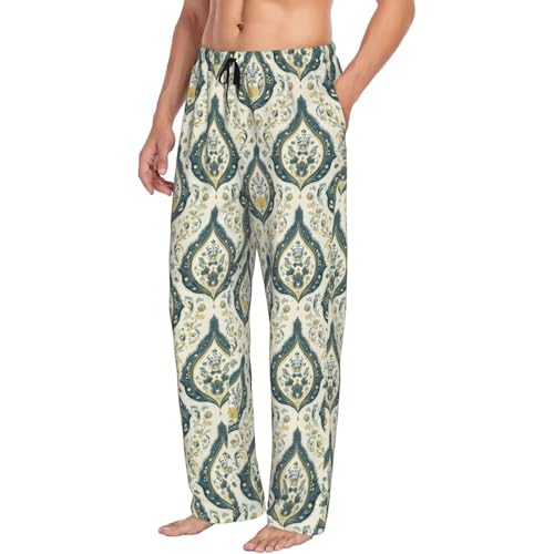 Mens Pajama Pants - Green Retro Pattern Print Soft Sleep Lounge Pants For Men, Casual Pj Bottoms With Pockets