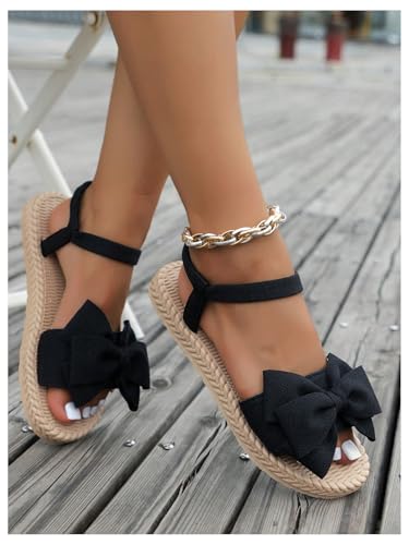 GORGLITTER Women's Bow Braided Flat Sandals Open Toe Lightweight Vacation Beach Slide Sandals3