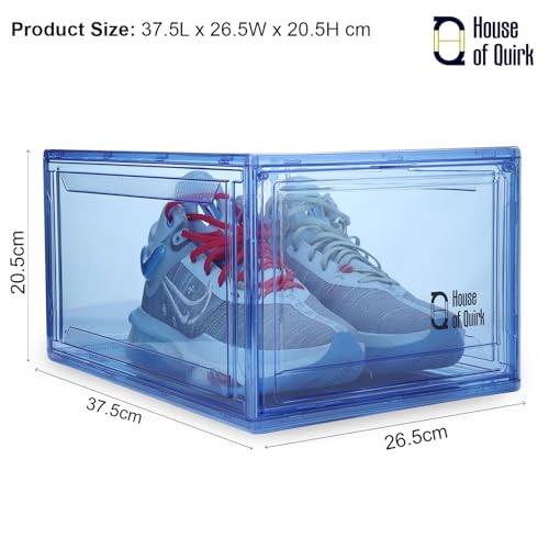 Image of House of Quirk Shoe Organizer, Shoe Storage Boxes, Large Shoe Boxes with Magnetic Door, Clear Stackable Plastic Shoe Containers (Pack of 4, Blue)