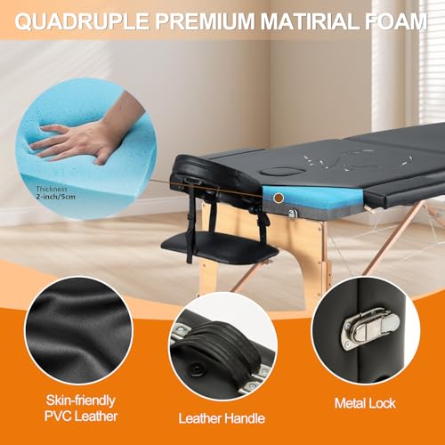 Image of 72.8'' Professional Massage Tables Portable Lightweight Massage Bed with Bag, 12 Height Adjustable Esthetician Bed Memory Foam Foldable Massage Table Premium Spa Tattoo Bed, Black