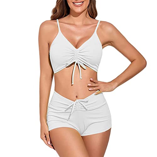 Meioro Traje de baño sólido para Mujer Conjuntos de Bikinis para Mujer Bikini Sets con cordón Ropa de Playa de Dos Piezas Swimwear de Cintura Alta(Blanco,L)