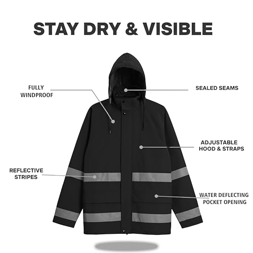 Image of Men's Hi Vis Waterproof Rain Suit, PU-Coated Nylon Workwear | Jacket & 2-In-1 Bib Pants, Reflective Tape, Taped Seams, Stowable Hood, Cargo Pockets, Reinforced Panels, Construction