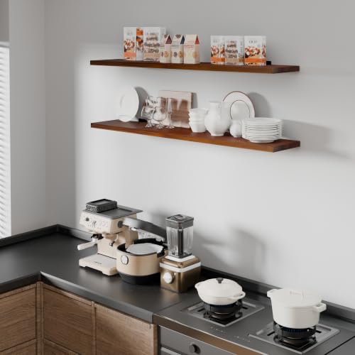 Image of 48 Inch Long Floating Shelf for Wall, 2 Tier Solid Wood Floating Book Shelf,Walnut Large Wall Shelf with Heavy Duty Brackets,Floating Bookshelf for Living Room
