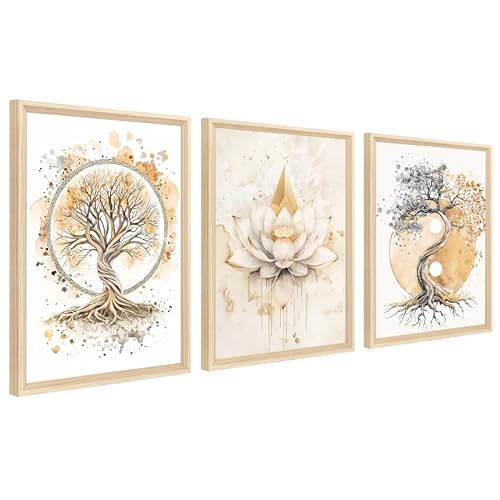 3Pcs Stampa su Tela Con Cornice Albero della vita Yin