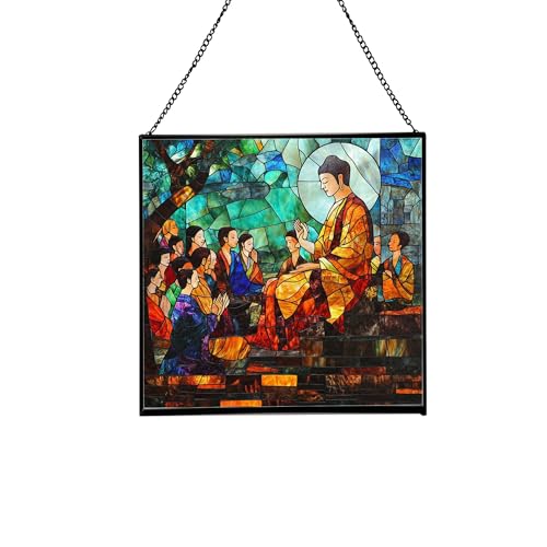 Buddha Ordination Stained Glass Suncatcher – Square Hanging Window Panel for Meditation Room, Zen Space, or Home – Peaceful Spiritual Glass Art Gift, Christmas, Thanksgiving JQ6OBD
