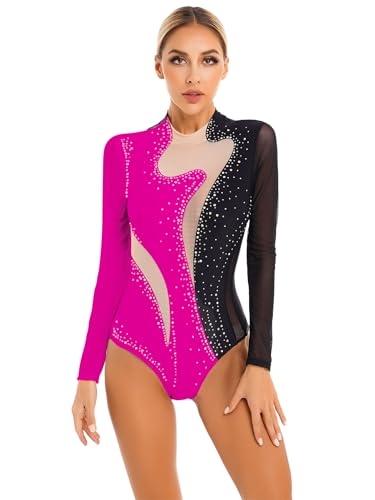 [Linyuir] Femme Longues Manches Tops Unitard Robe De Patinage Artistique Brillant En Pierres De Rhin Ballet Dance Leotard ubN