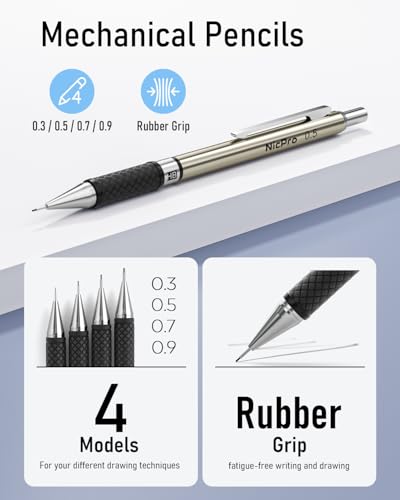 Image of Nicpro Set of 37 mechanical pencils: 4 metal drawing pencils (0.3 mm, 0.5 mm, 0.7 mm, 0.9 mm) and 2 lead holders (6B, 4B, 2B, HB, 2H, 4H) for sketching and drawing. 23 refills in case