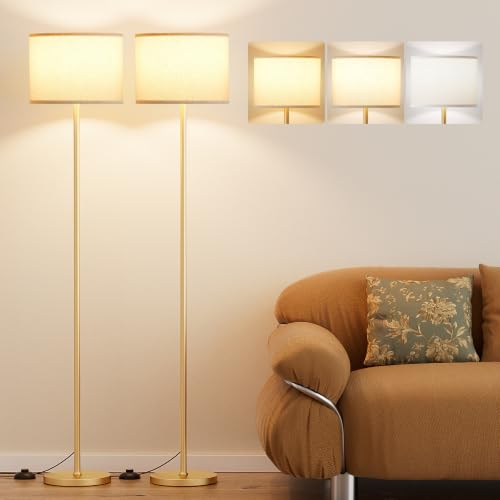 Image of Ambimall 60'' Modern Floor Lamp Set of 2, 2PK Tall Lamps for Living Room Bedroom, Beige Shade with Gold Pole(Without Bulb)