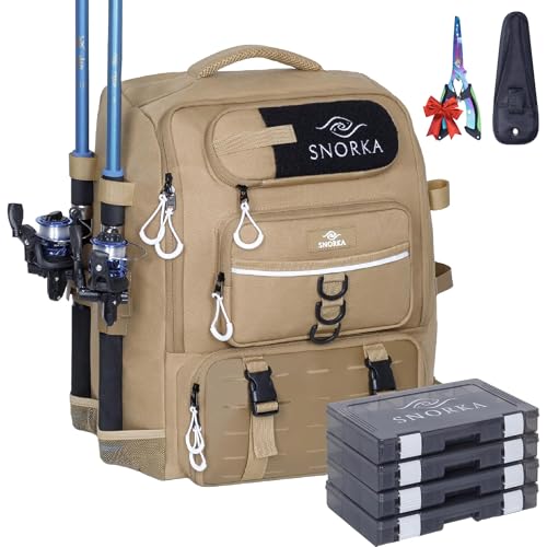 SNORKA Fishing Backpack with Tackle Boxes and Rod Holders 40L; Plus Rain Cover, Padded Back Support, Insulated Front Pocket for Hot/Cold Lunch, Water Bottle Holder (Force Khaki)