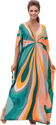 RanRui Floral Print Kaftan Dresses for Women Ethnic Boho Print swim cover up Batwing Sleeve Vneck Caftans