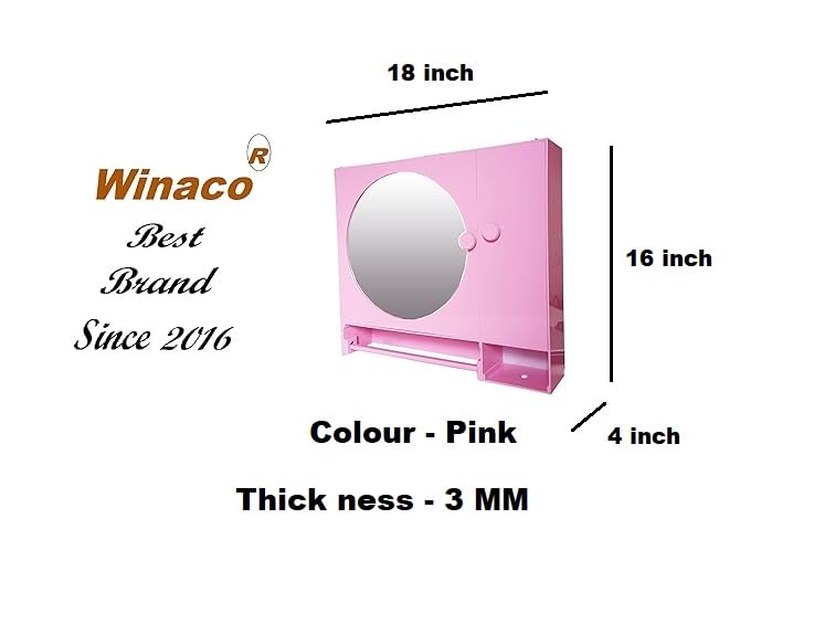 WINACO Round Pink Acrylic (18" x 4" x 16" inch) Bathroom/Wash Basin/Cosmetic/Groming/Wall Mount/Storage Mirror Cabinet (Pink)