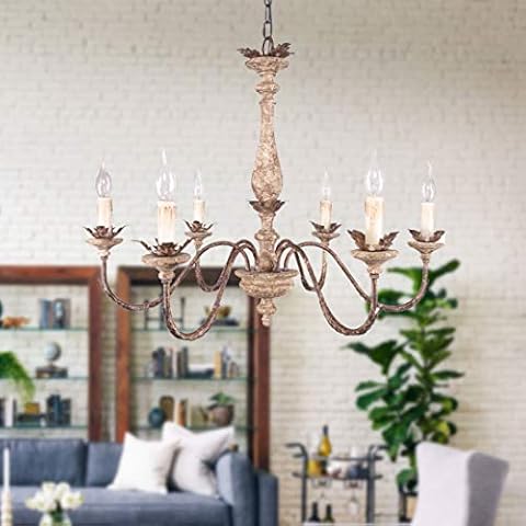FebFurniture French Country Rustic Metal Chandelier,6- Light Wood Dimmable Pendant Light with Adjustable Chain … Cover