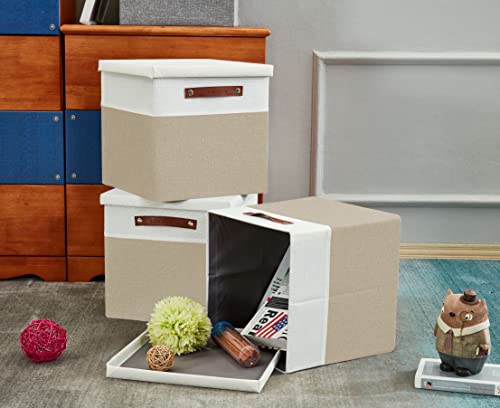 Image of DECOMOMO Foldable Storage Bin | Collapsible Sturdy Cationic Fabric Storage Basket Cube W /Handles for Organizing Shelf Nursery Home Closet (Beige & White, Cube with Lid - 11 x 11 x 11-3 Pack)