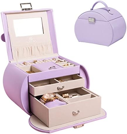 Vlando Jewelry Box Organizer, Leather Mirrored Jewelry Case in Princess Style, Necklaces Earrings Rings Watch Storage Holder, Purple
