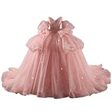 Youjiayi Big Bow Pink Quinceanera Dresses with Train Off Shoulder Sweet 16 Dress with Sleeves Princess Lace Beaded Quince Dresses for Women Size 2
