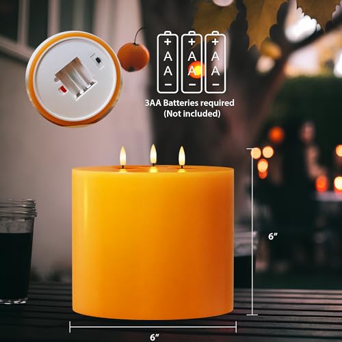 Image of Orange Extra Large Flameless Candles, 6 inchx6 inch Battery Operated Candles with Remote, Real Wax Flickering LED Candles with 3 Wicks for Fall, Thanksgiving, Harvest, Halloween Decor