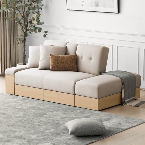 モダンデコ ソファー 2人掛け ペット対応 傷に強い リクライニング クッション付き 引き出し 収納付き カウチソファー コーナー ファブリック (エクルベージュ, コンパクトサイズ)