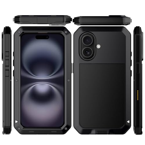Marrkey for iPhone 16 Metal Case 6.1",Heavy Duty Shockproof Aluminum Alloy Tough Armour Military Grade Phone Case,360 Full Body Protective Cover with Silicone Built-in Screen Protector - Black - Image 3