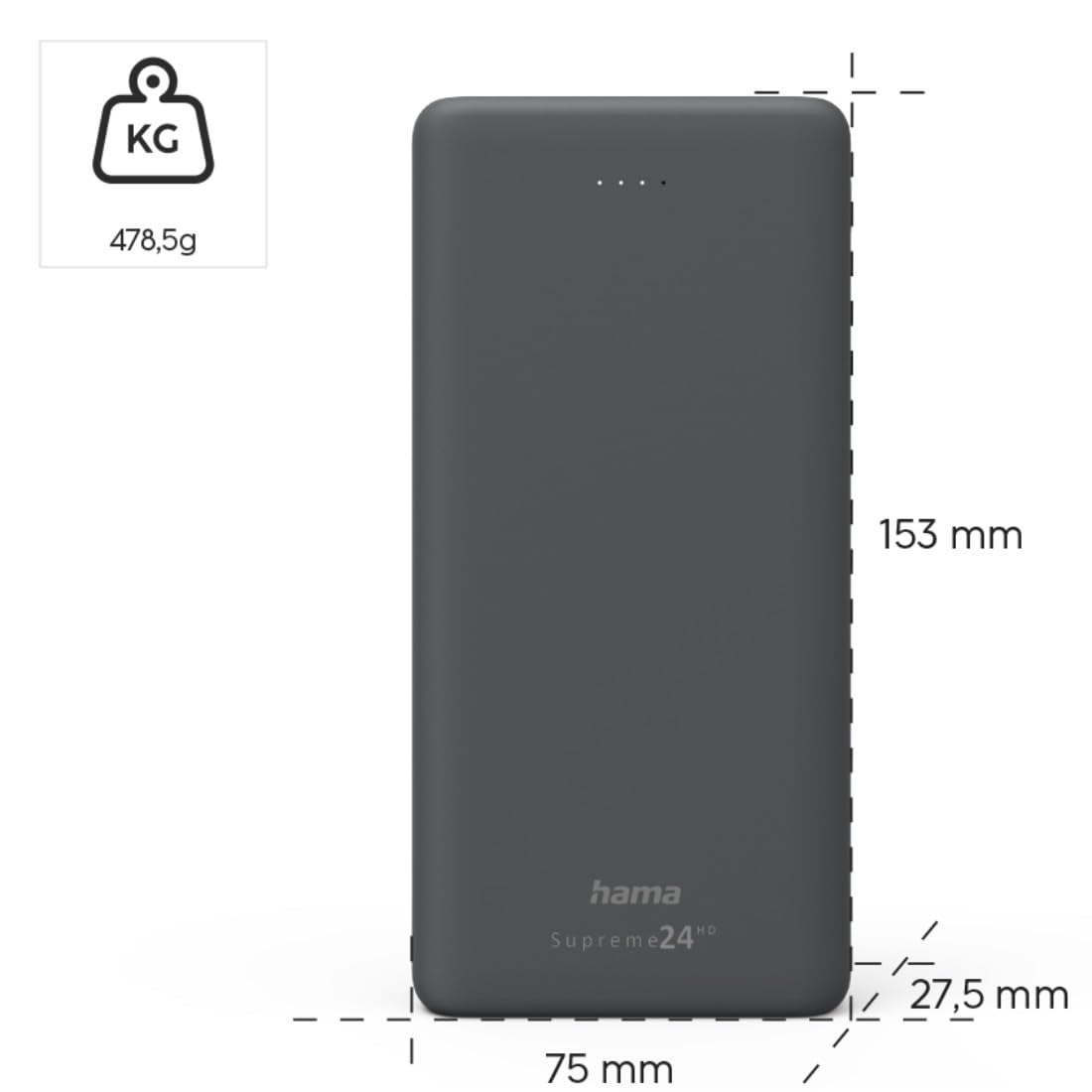 Hama Powerbank Supreme 24000mAh, Batteria esterna con 1x USB C + 2x USB A, Grigio