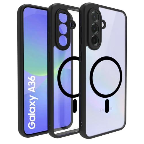 Image of RIGGEAR Shockproof Sleek Hybrid Armor Magnetic Back Cover Case Compatible with MagSafe Accessories for Samsung Galaxy A36 5G (Clear PC + Black TPU Bumper)