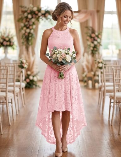 Image of Dressystar Women Halter Lace Wedding Guest Dress Hi-Lo Cocktail Party Bridesmaid Formal Dresses