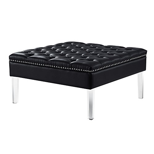 Inspired Home Coco Black Pu Leather Ottoman - Oversized | Button Tufted|Nailhead Trim|Acrylic Legs #TOP1