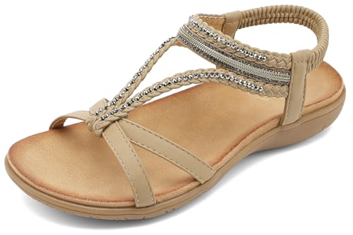 Image of UBFEN Womens Bohemian Flat Sandals With Back Strap Summer Beach Comfortable Bling