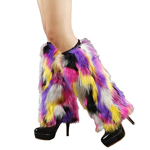 Popuid Tie dye Women Furry Leg Warmers Faux Fur Boot Covers Fluffies Cuffs (Long - 15.7