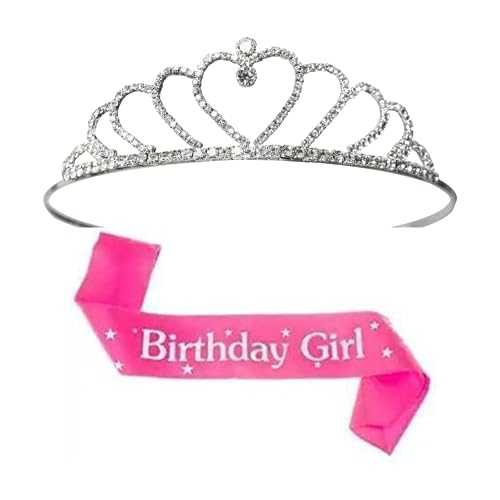 Image of DECOFY Birthday Sash & Crown Set | Princess Queen Tiara Crowns Taj HairBand For Kids Girls & Womens (3 Pc Set- With Pin-PINK)
