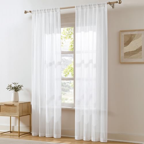 Image of Lush Decor Milla Knitted Textured Sheer Window Curtain Panels Pair 38 inch W x 84 inch L Pearl White - White Curtains for Bedroom - Sheer Curtains for Living Room