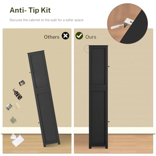 Image of TEENFON 67 inch H Tall Storage Cabinet with 2 Doors and 1 Drawer, Narrow Black Cabinet with Adjustable Shelves, for Bathroom, Living Room, Entryway, Kitchen, Black