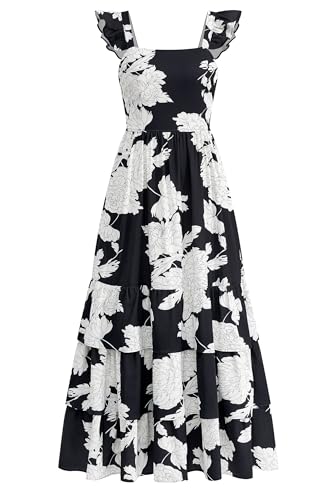 dowerme Summer Dresses for Women 2026 Casual Ruffle Smocked Tiered A-Line Boho Floral Maxi Beach Sun Dress with Pockets(Black White Flower Medium)