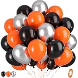 Black Orange Silver Balloons, 50pcs Black Orange Balloons, Metallic Silver Matte Orange Black Balloon for Birthday Boys Man Baby Shower Halloween Basketball Theme Party Wedding Bachelorette Decoration