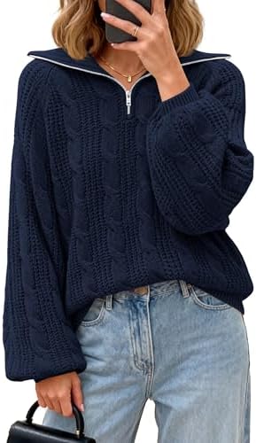 BTFBM Sweaters for Women Fall Fashion 2025 Loose Quarter Zip Pullover Collared Long Sleeve Cable Knit Winter Clothes