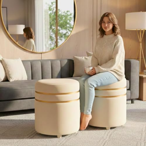 Image of Decorative Ottoman Pouffes for Sitting - Two-Piece Set of Puffy Stools and Footstools - Round Ottoman Stool for Living Room Furniture (Cream)