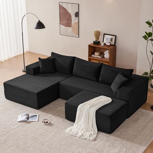 Image of Mangodan 110 inch Cloud Sectional Couch, Modular Sectional Sofa with Deep Seat, Boneless Sofa for Living Room, Fluffy Comfy U-Shaped Couch with Left Facing Chaise, No Assembly Required, Black