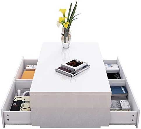 Coffee Table for Living Room,LED Side Table Modern Wooden Centre Table,White Gloss Coffee Tables with 4 Drawer Storage for Home