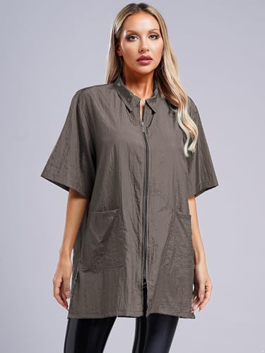 inhzoy Damen Kittel Berufskleidung Friseur Hundefriseur Kittel Schürze Kurzarm Mit Tasche Für SPA Salon Pet Shop Grau L