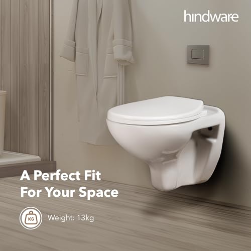 Image of Hindware Flora Wall Hung Western Commode for Bathroom | Made of Ceramic | P-255 Trap | Soft Close Feature | Star White | Geometric Shape | Wall Mount Ewc | 10-Year Manufacturer Warranty