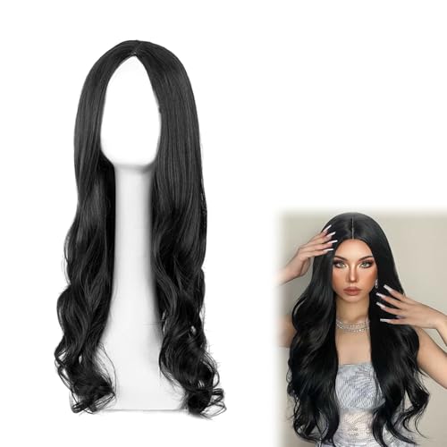 Peluca Larga Ondulada Negra para Mujer, Pelo Sintético Natural Resistente al Calor, 70cm Encantadora Mujer Largo Ola Rizo, Resistentes al Calor Pelucas Mujer, para Cosplay/Fiesta/Diario (Negro)