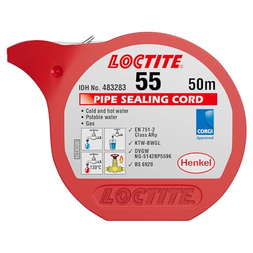 LOCTITE 55 Pipe Thread Sealant, Non Curing Thread Sealant for Plumbing Pipes and Fittings, Reliable Fast Action Pipe Sealant for Metal and Plastic, 50m
