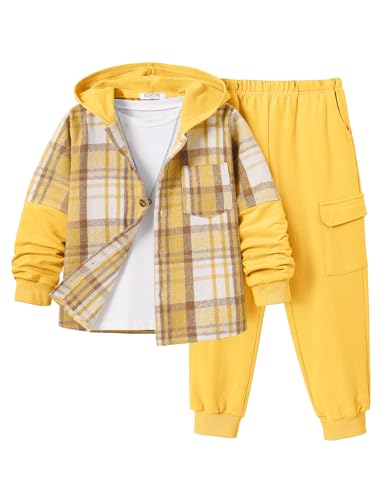 Image of 2Pcs Boys Clothes Sweatsuit Set Hoodie Flannel Plaid Shirt and Jogger Pants for Kids Fall Winter Spring Outfits