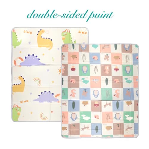 Image of TARKAN Foldable Baby Play Mat with Raised Borders, Double-Sided Design, 140 x 180 cm x 7mm, Dinosaur and Penguin Pattern