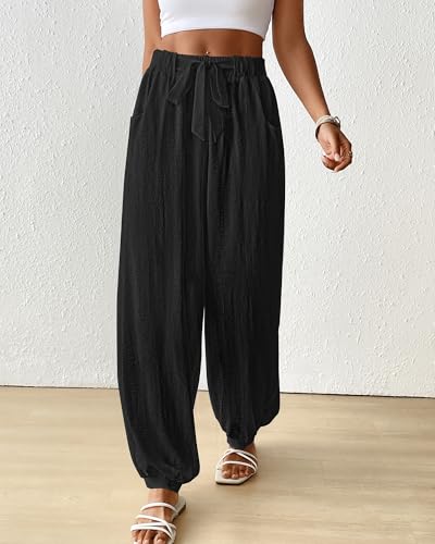 Bsubseach Women Wide Leg Palazzo Pants 2025 Summer Casual Drawstring Lounge Harem Pants with Pocket Woman Baggy Trousers4